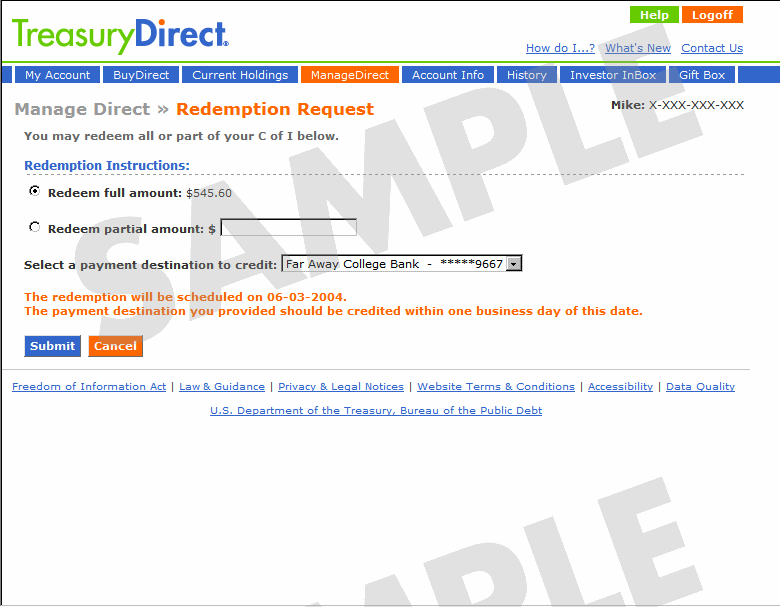 Manage Direct > C of I Redemption Request