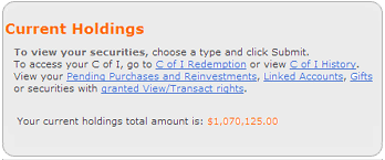 Screen segment for Current Holdings Summary with sample security information.