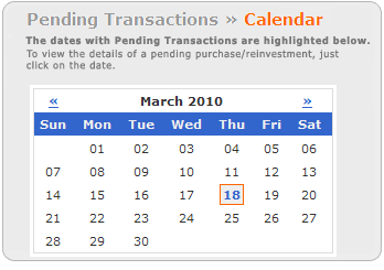 Screen segment for Pending Transactions Calendar with sample purchase dates indicated.